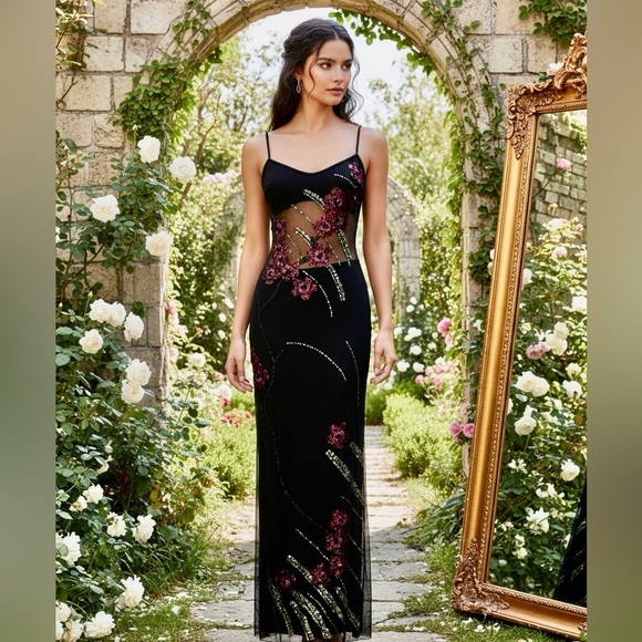 Attitudes by Debra Dresses & Skirts - Black hand beaded designer Floral Evening Slip Dress